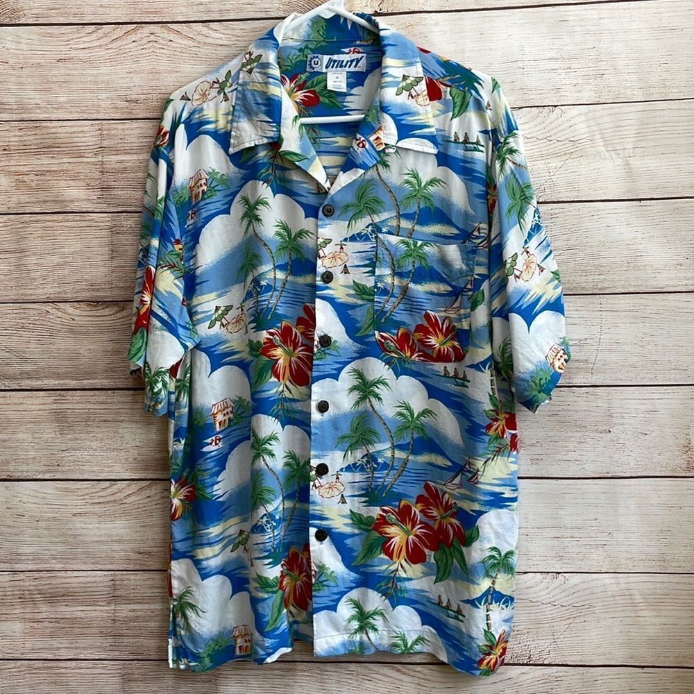 VINTAGE UTILITY HAWAIIAN PRINT SHIRT‎
